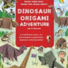 A book cover with dinosaurs around a red title panel