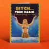 A novelty greeting card with a provocative illustrated woman and bold text
