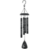 Black wind chime with hanging metal tubes and a clapper