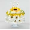 Round floral cake with white daisies and yellow blooms topped by candles