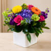 Colorful mixed flower arrangement in a white square vase