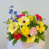 Mixed flower basket with gerbera daisies, carnations, and blue delphinium
