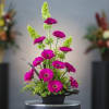 Magenta gerbera daisies in a low black container with green accents