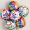 Bundle of five round multicolor Happy Birthday foil balloons on strings