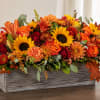 Sunflowers anchor this Fall Harvest Glow arrangement, a low, wide centerpiece designed
