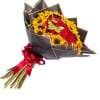 Bouquet of red roses and yellow sunflowers wrapped in dark paper