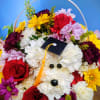 A playful floral keepsake that makes a graduate grin: a white-carnation dog
