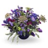 Purple and blue mixed flower arrangement in a dark vase