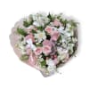 Pink and white rose bouquet with white filler flowers and ribbon accents