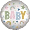Round foil balloon with pastel stars, rainbows, and the word BABY