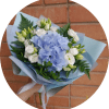 A rounded cluster of pale blue hydrangea takes center stage in this