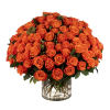 Large dome of orange roses arranged in a clear glass cylinder vase