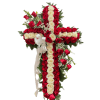 Designed in a cross shape with fresh red and white roses and