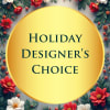 Holiday designer's choice graphic with red and white flowers around a yellow circle