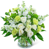 White and pale green floral arrangement in a clear glass vase