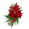 Red rose boutonniere with berries and green leaves