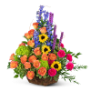Mixed bouquet with orange roses, sunflowers, blue delphinium, and pink carnations in a basket