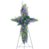 Purple and lavender floral standing spray on a metal easel