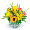 This sunny mixed flower arrangement has been chosen and designed by our