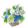 White roses and blue flowers in a rustic wood container
