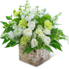 White roses and pale green carnations in a birch box