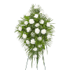 Standing spray of white carnations with green foliage