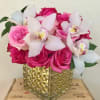 Roses ,Orchid blooms in 6x6&rdquo; glass vase 