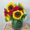 Sunflowers , Roses , Hydrangeas in 6x6" glass vase