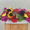 Gerberas,  mini calla lilies , sunflowers in white ceramic container 