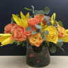 Roses, Lilies, green in 6x6 glass vase 