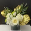 White Roses, Hydrangeas, Palm leaves, Golden Leaves in 6&rdquo;x 6&rdquo; glass vase