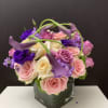 Roses, Mini Callas, Stock in a glass square 6&rdquo;x 6&rdquo; vase 