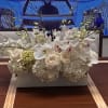 Hydrangeas, Roses, Orchid blooms in rectangular ceramic container 