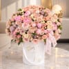Large pink and peach rose bouquet in a white birthday box