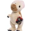 Plush dinosaur toy holding a small card