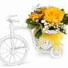 Yellow roses in a white tricycle basket with baby's breath
