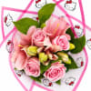Pink roses and lilies wrapped in Hello Kitty paper