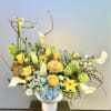 Beautifully crafted floral arrangement in a pedestal vase.
Featuring magnificent Calla lilies, delicate