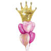 Gold crown balloon above pink heart balloons