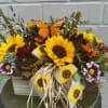Sunflower bouquet with purple daisies and a butterfly topper