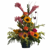This arrangement features bright sunflowers, orange and hot pink roses, pink ginger