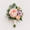 Small bouquet with blush roses, a lavender bloom, and greenery
