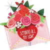 Heart-shaped balloon with pink roses and the words "sending all my love"