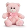 Pink plush teddy bear with a ribbon bow