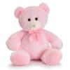 Pink teddy bear with a ribbon bow sitting on a white background