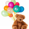 Teddy bear with a bunch of colorful balloons