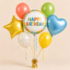 Birthday balloon bouquet with a central "Happy Birthday" balloon and colorful foil balloons