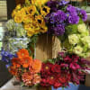 Colorful floral wreath with roses, gerbera daisies, and hydrangeas