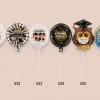 Six graduation balloons with Spanish congratulatory text on sticks