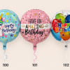 Three birthday balloons with unicorn and birthday messages